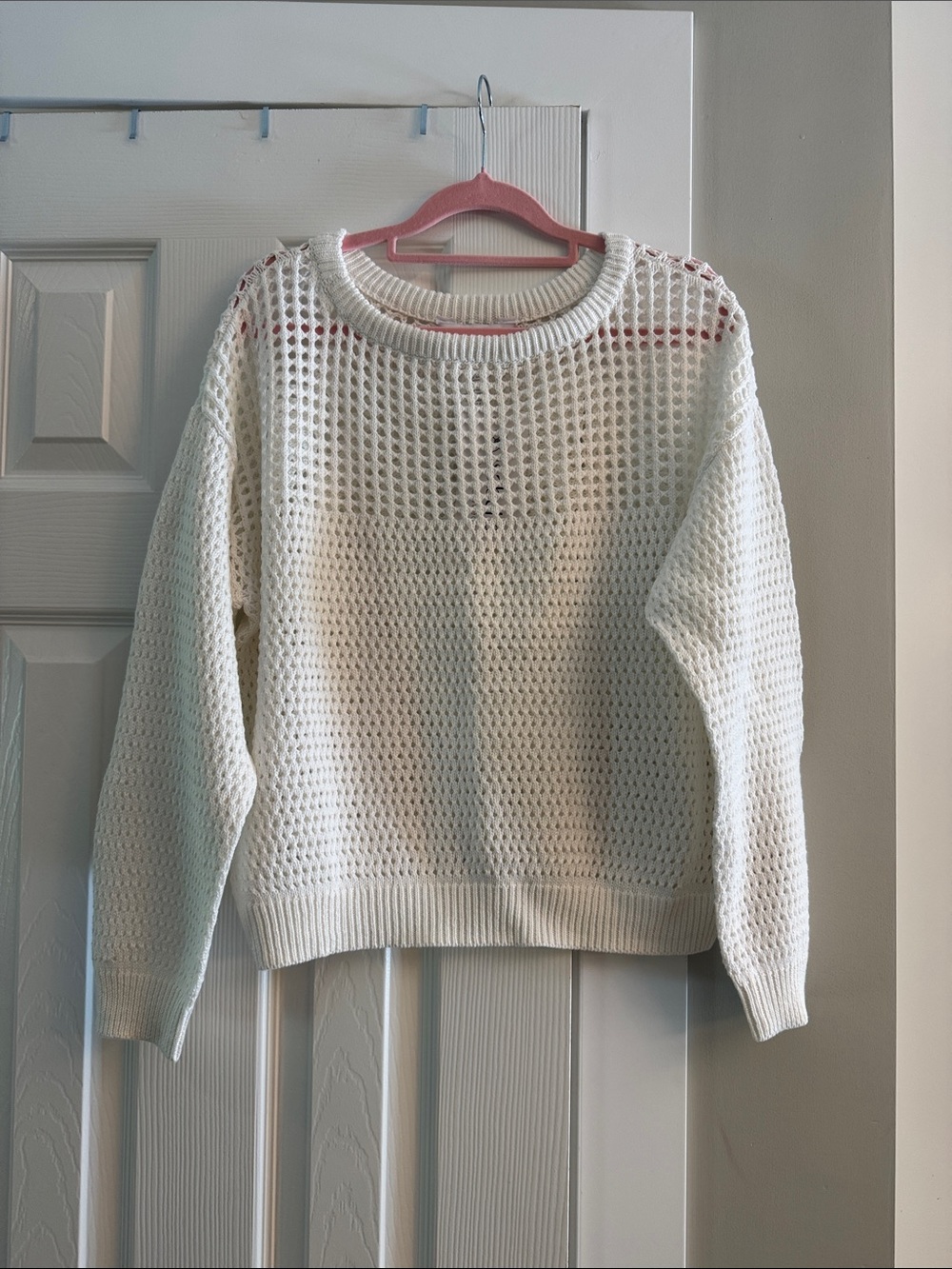 Open-Knit Crewneck Sweater in Cream